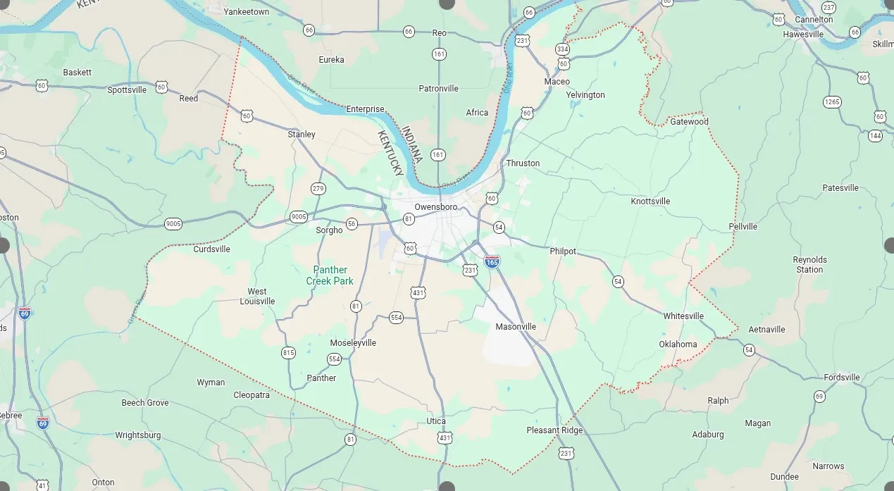 Service area map showing coverage near Owensboro, KY